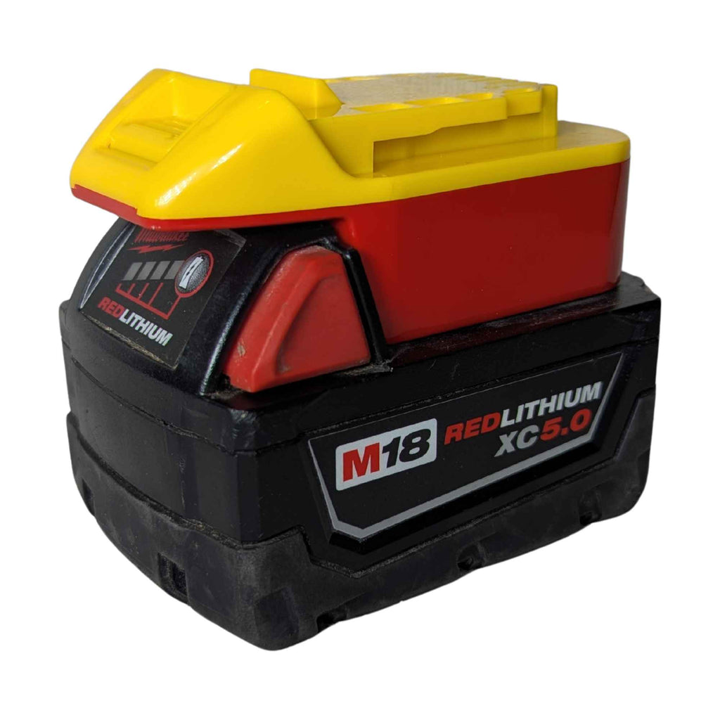 Milwaukee M18 to DeWalt 20V MAX battery adapter - fitted to the Milwaukee M18 battery, tool-side plate facing up