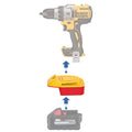 Milwaukee M18 to DeWalt 20V MAX battery adapter - compatibility diagram showing battery, adapter and drill