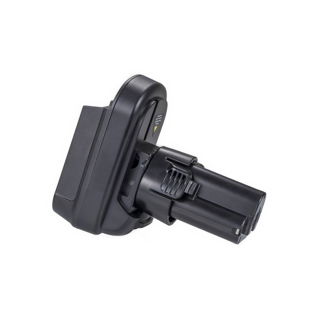 Milwaukee M18 to Makita 10.8V CXT battery adapter - side view showing both connections, the tool-side post to the right
