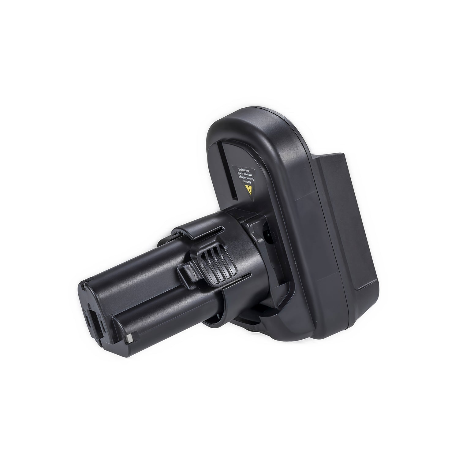 Milwaukee M18 to Makita 10.8V CXT battery adapter - side view showing both connections, the tool-side post to the left