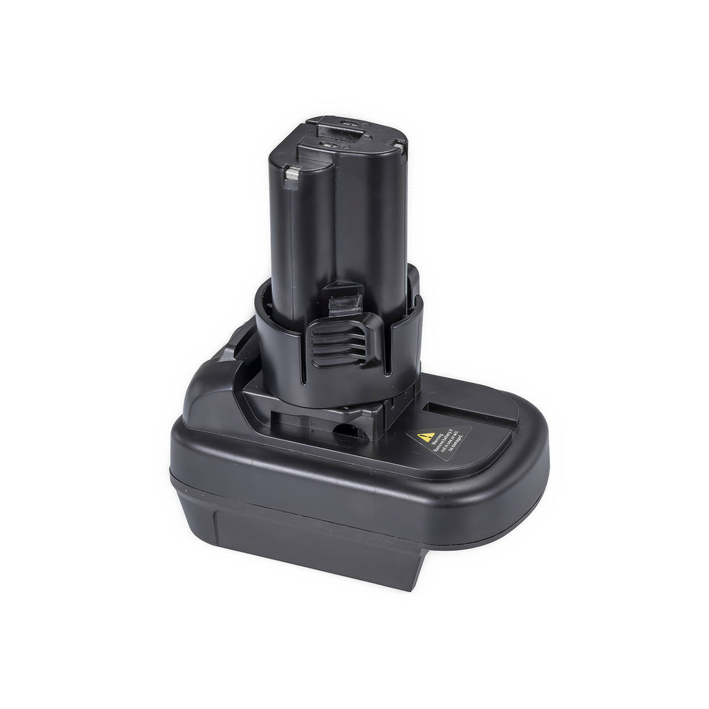 Milwaukee M18 to Makita 10.8V CXT battery adapter - Makita tool-side post upward, warning label on the base top face