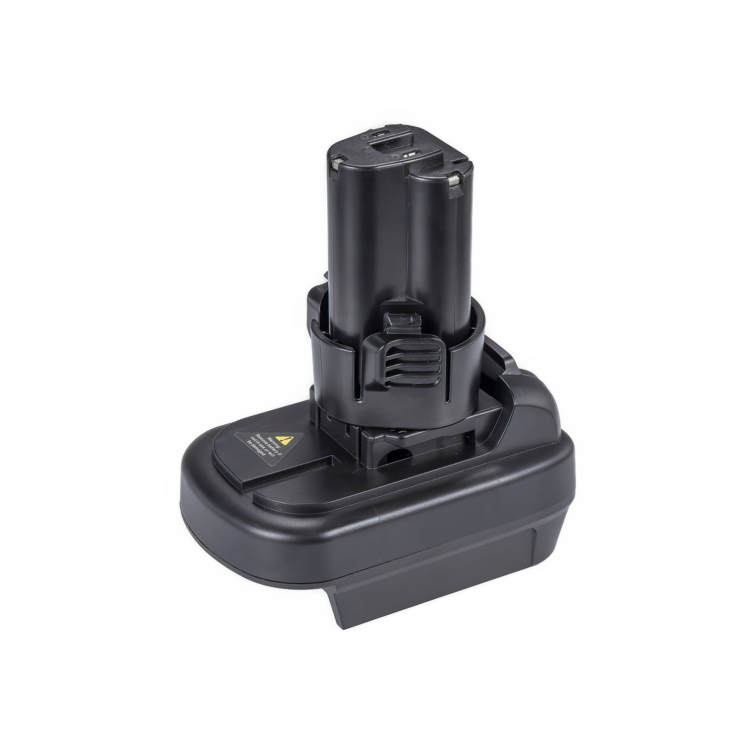 Milwaukee M18 to Makita 10.8V CXT battery adapter - Makita tool-side post upward, warning label on the base top face