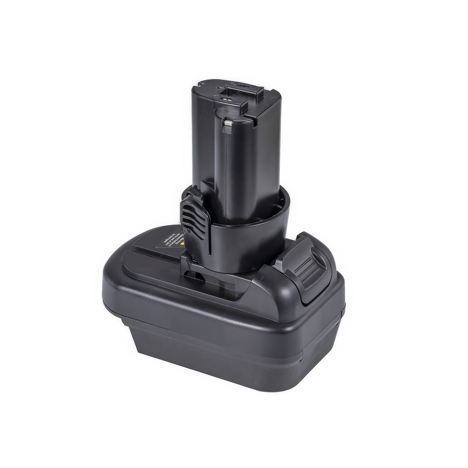 Milwaukee M18 to Makita 10.8V CXT battery adapter - Makita tool-side post upward, ribbed pad recessed in the base corner
