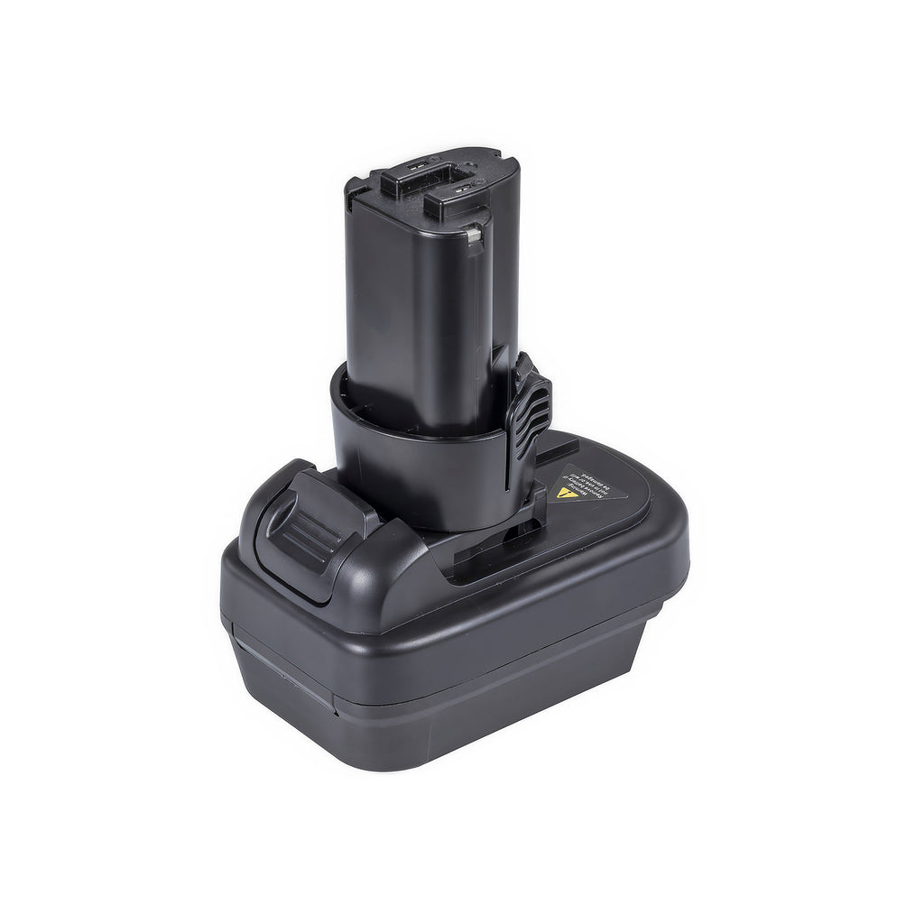 Milwaukee M18 to Makita 10.8V CXT battery adapter - Makita tool-side post upward with its ribbed release catch