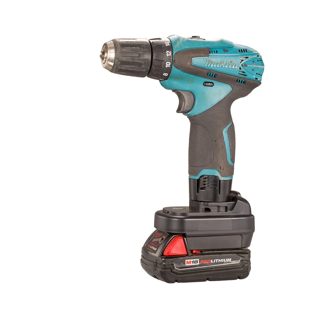 Milwaukee M18 to Makita 10.8V CXT battery adapter - cordless drill installed on the tool-side connection