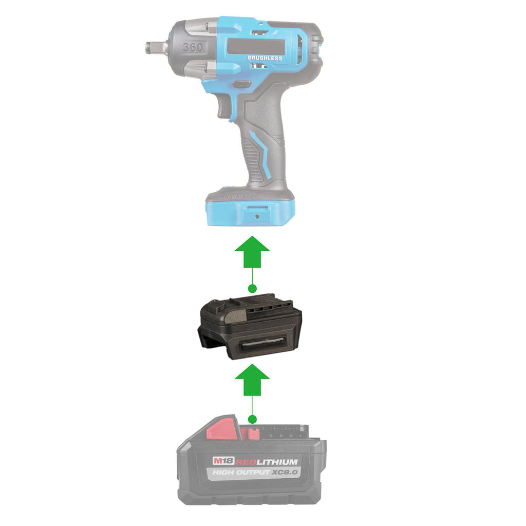 Milwaukee M18 to Mastercraft 20V (PWRPOD / Blue) battery adapter - compatibility diagram with impact wrench