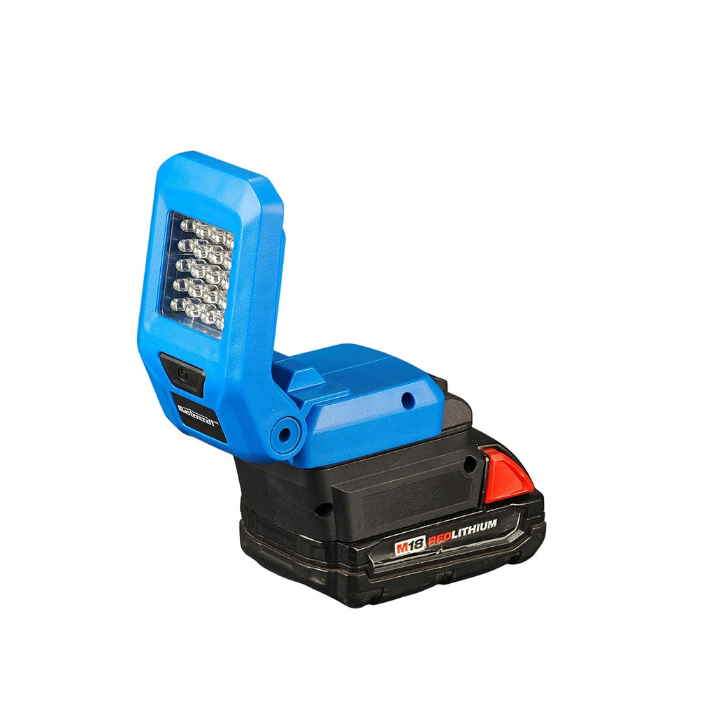 Milwaukee M18 to Mastercraft 20V (PWRPOD / Blue) battery adapter - installed on an LED work light with the battery fitted