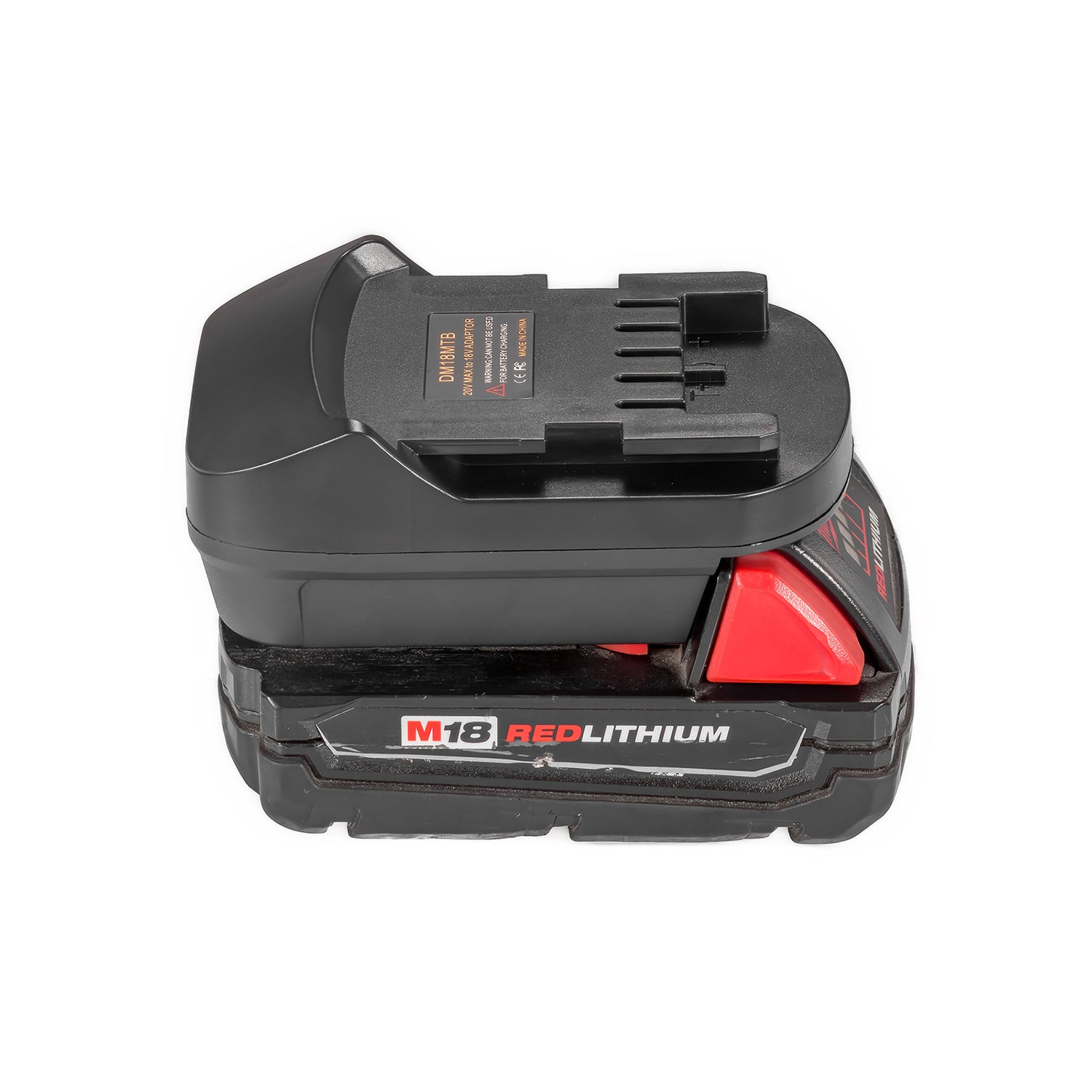 Milwaukee M18 to Metabo CAS 18V battery adapter - fitted to the Milwaukee M18 battery, Metabo CAS tool-side connection upward