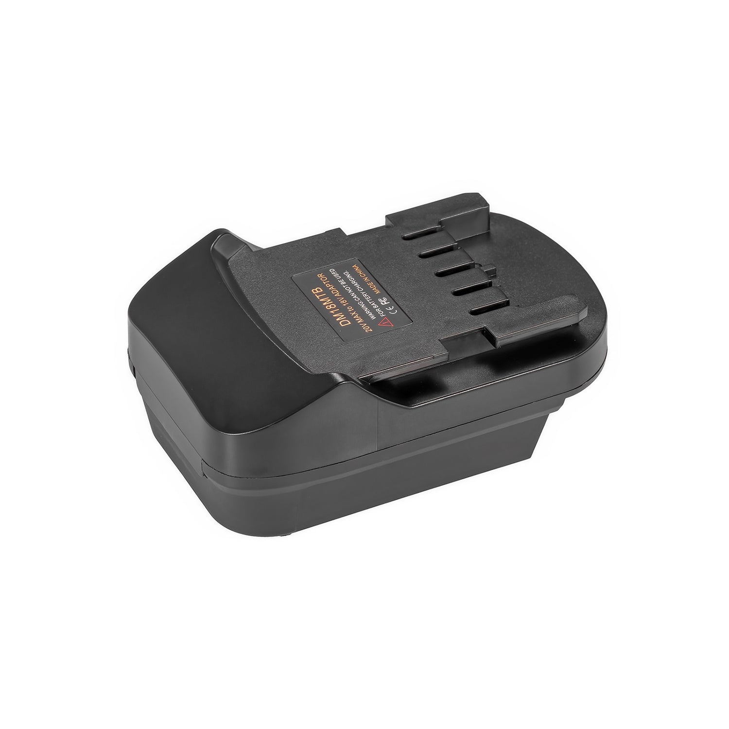 Milwaukee M18 to Metabo CAS 18V battery adapter - Metabo CAS tool-side connection, five terminal slots and printed label