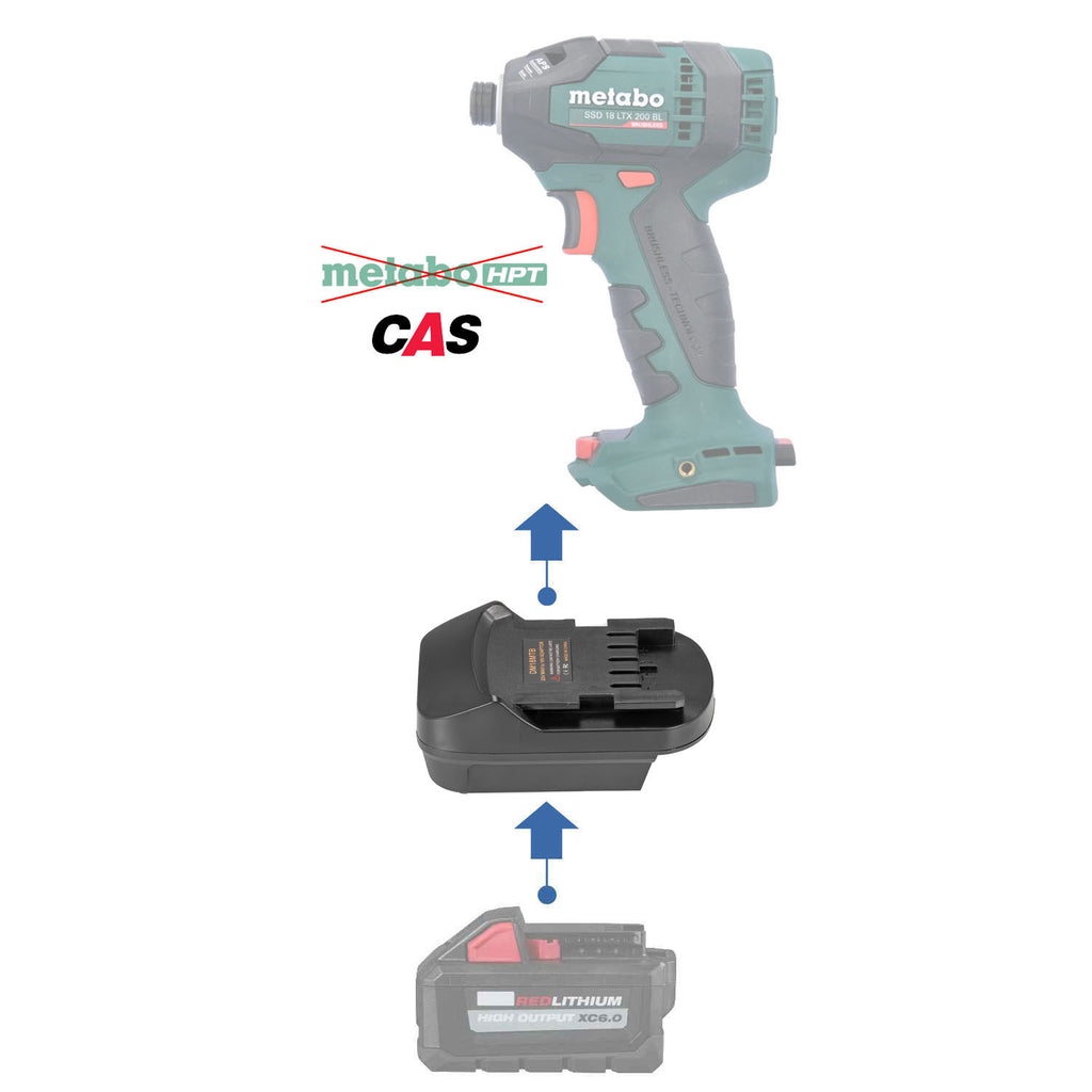 Milwaukee M18 to Metabo CAS 18V battery adapter - compatibility diagram showing battery, adapter and impact driver