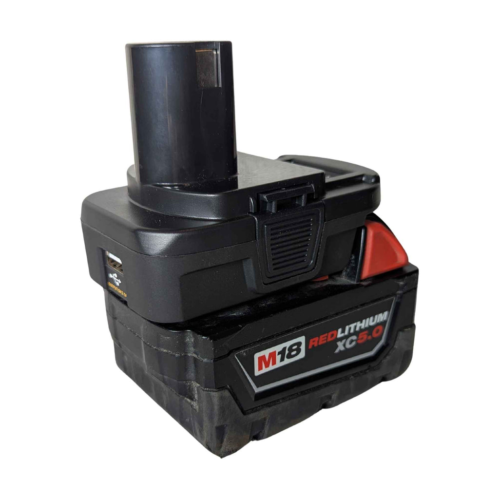 Milwaukee M18 to Ryobi 18V ONE+ battery adapter - fitted to the Milwaukee M18 battery, USB port on the side of the body