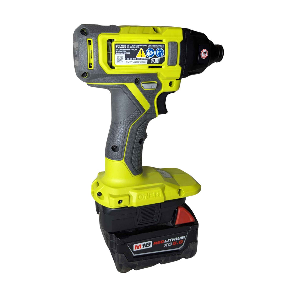 Milwaukee M18 to Ryobi 18V ONE+ battery adapter - installed on a Ryobi impact driver, rear view