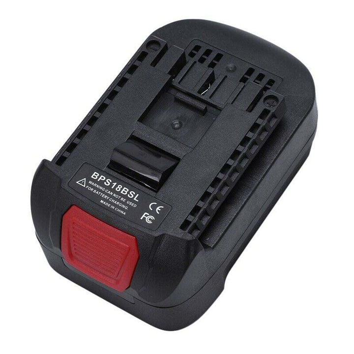 Porter Cable 20V to Bosch 18V GBA (Blue) battery adapter - Bosch-side connection and rating label, angled