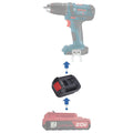 Porter Cable 20V to Bosch 18V GBA (Blue) battery adapter - compatibility diagram showing battery, adapter and drill