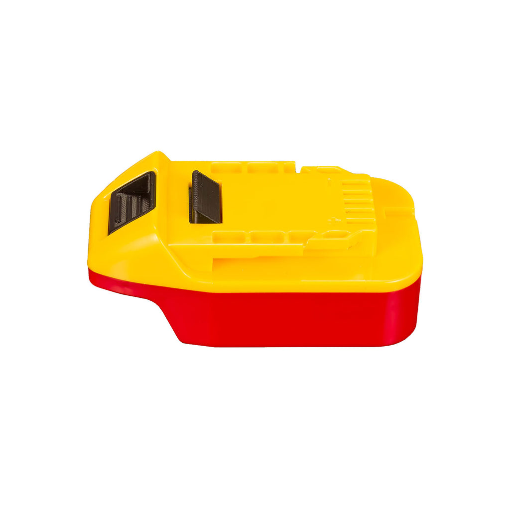 Porter Cable 20V to Hercules 20V battery adapter - side view showing both connections, yellow tool side over the red base