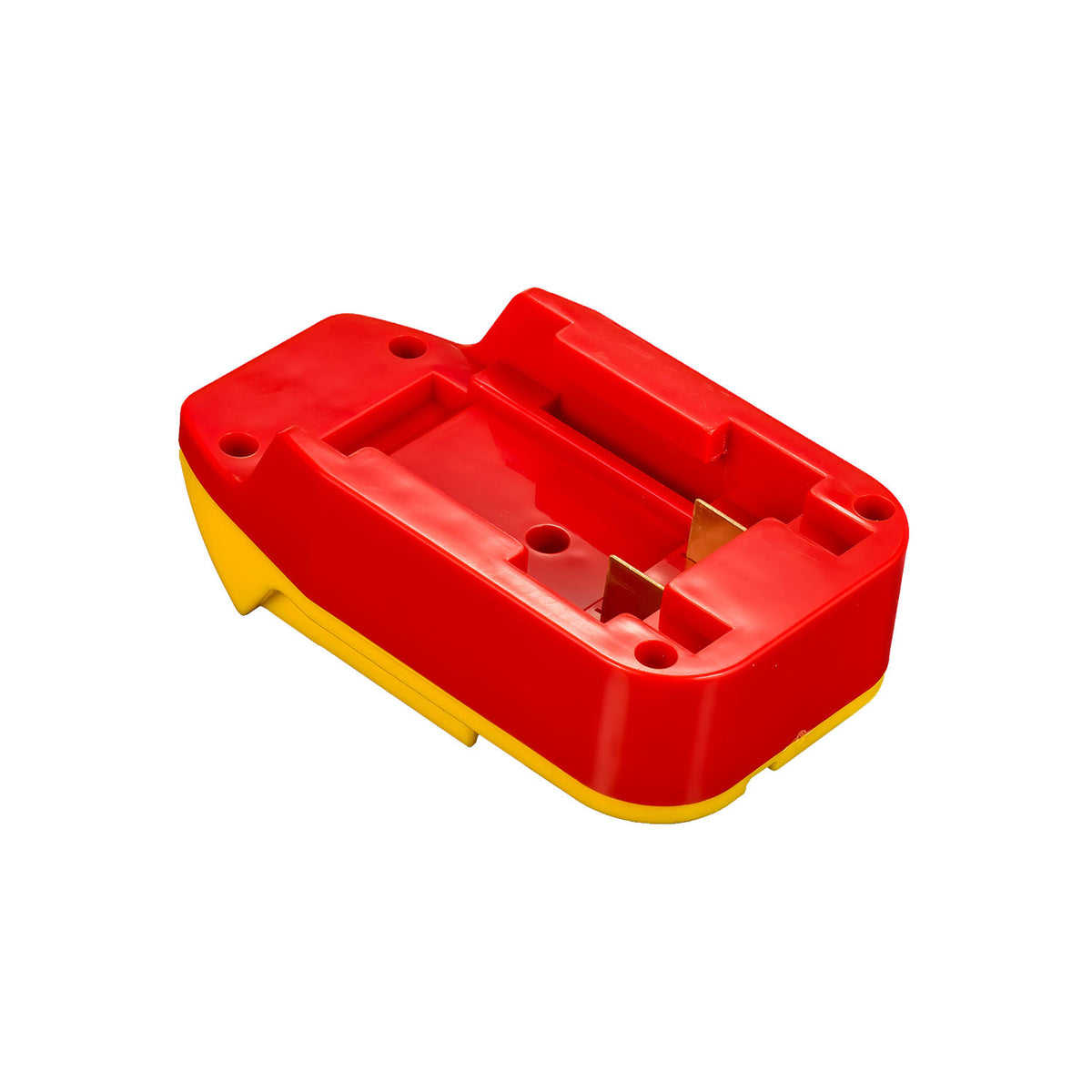 Porter Cable 20V to Hercules 20V battery adapter - battery-side connection, twin copper blade terminals and the rail channel