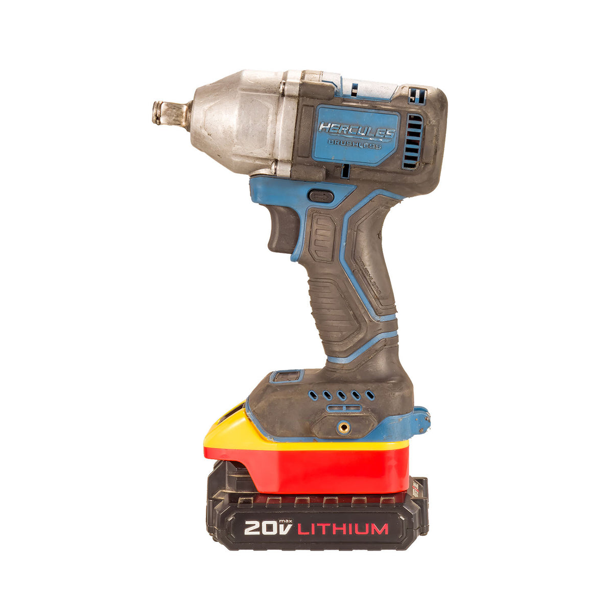 Porter Cable 20V to Hercules 20V battery adapter - fitted to the Porter Cable 20V battery, impact wrench installed on top