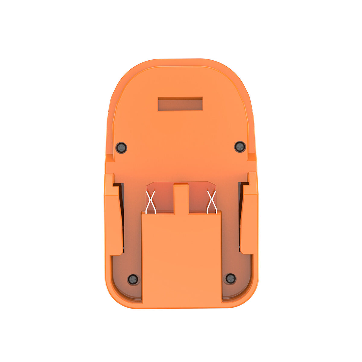 RIDGID 18V to Bostitch 18V battery adapter - battery-side connection face-on, two crossed spring contacts and the latch slot