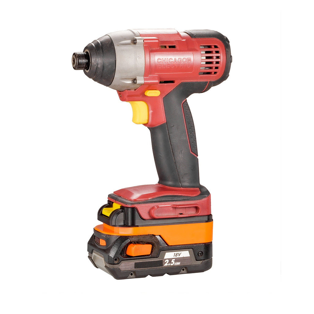 RIDGID 18V to Chicago Electric 18V battery adapter - impact driver installed on the adapter, seated on an 18V battery pack