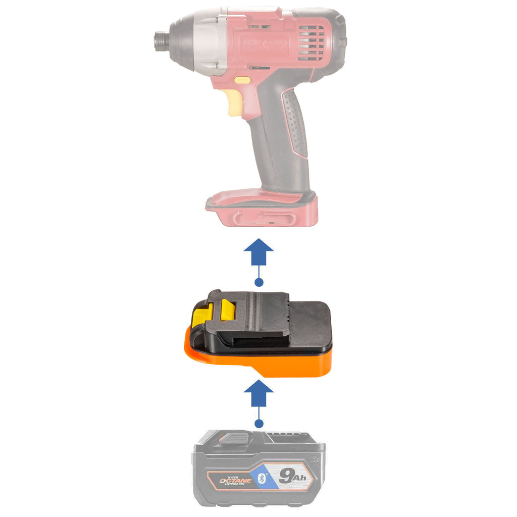 RIDGID 18V to Chicago Electric 18V battery adapter - compatibility diagram showing battery, adapter and impact driver