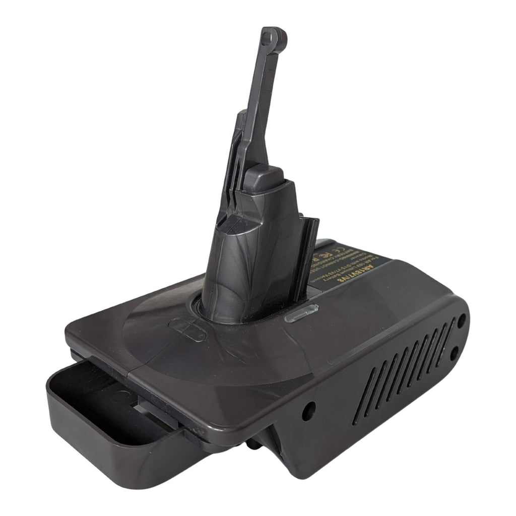 RIDGID 18V to Dyson V8 battery adapter - Dyson tool-side connection, side vent grille and warning label, battery-side channel