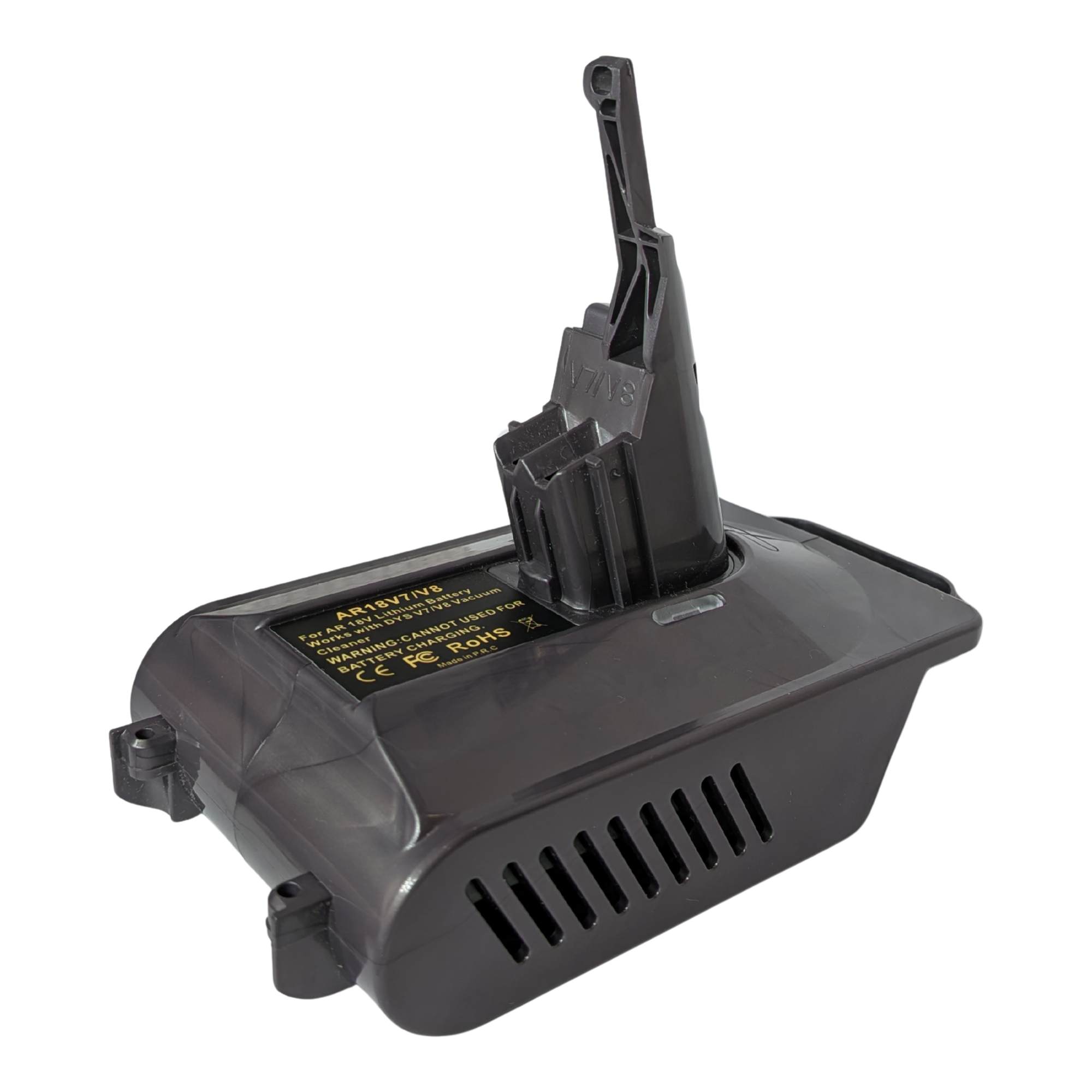 RIDGID 18V to Dyson V8 battery adapter - Dyson tool-side connection, stem and release catch, warning label and vent grille