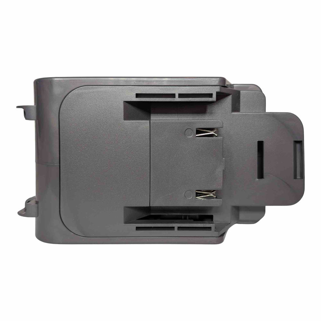 RIDGID 18V to Dyson V8 battery adapter - battery-side connection, twin X-shaped spring contacts between guide rails