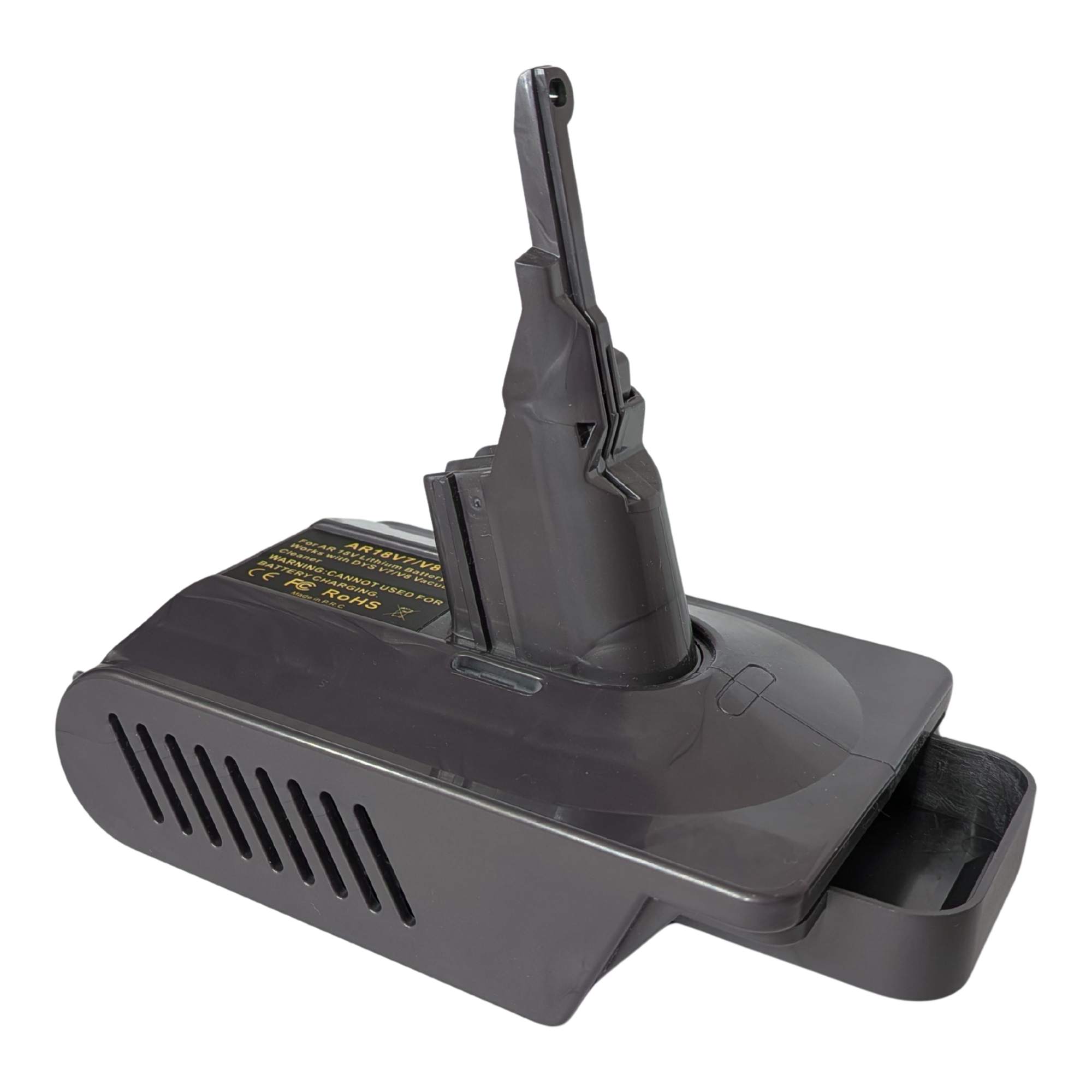 RIDGID 18V to Dyson V8 battery adapter - Dyson tool-side connection from the rear, vent grille and battery-side channel