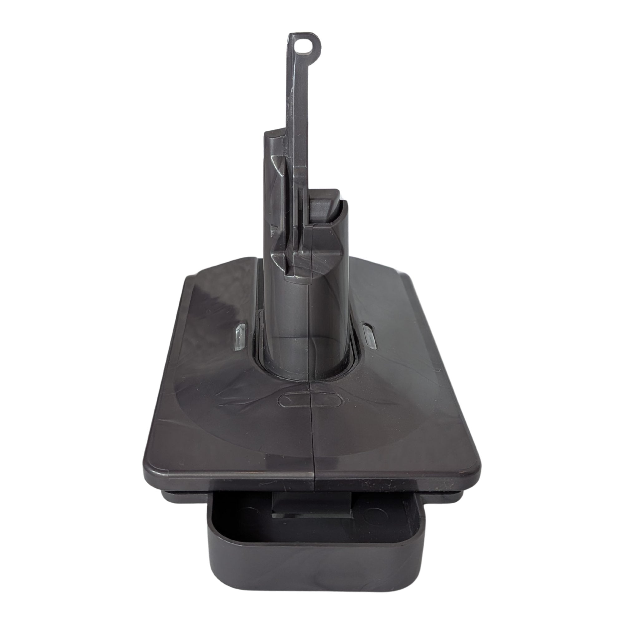 RIDGID 18V to Dyson V8 battery adapter - end view, Dyson tool-side stem centred above the battery-side channel