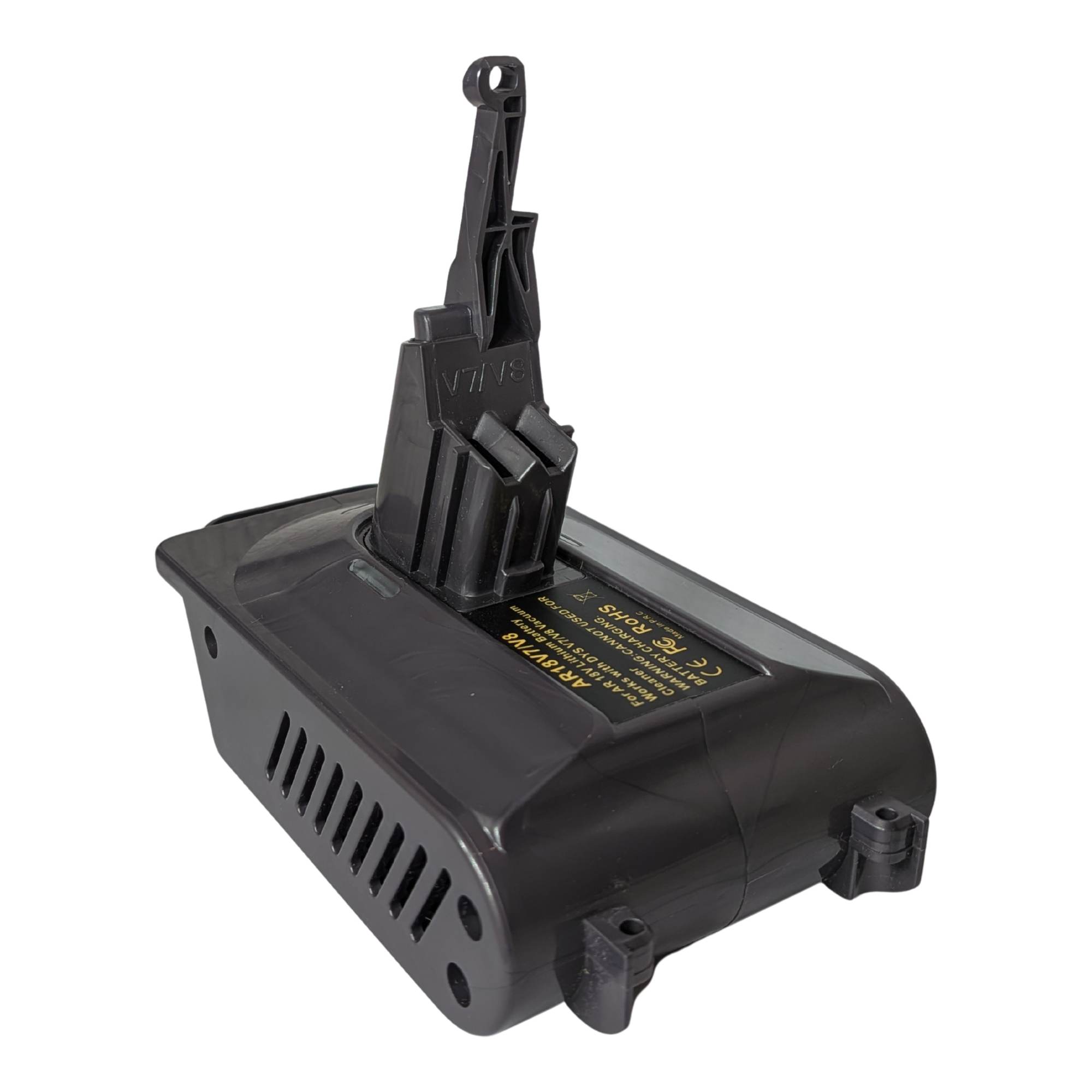 RIDGID 18V to Dyson V8 battery adapter - Dyson tool-side connection, vent grille and battery-side mounting lugs