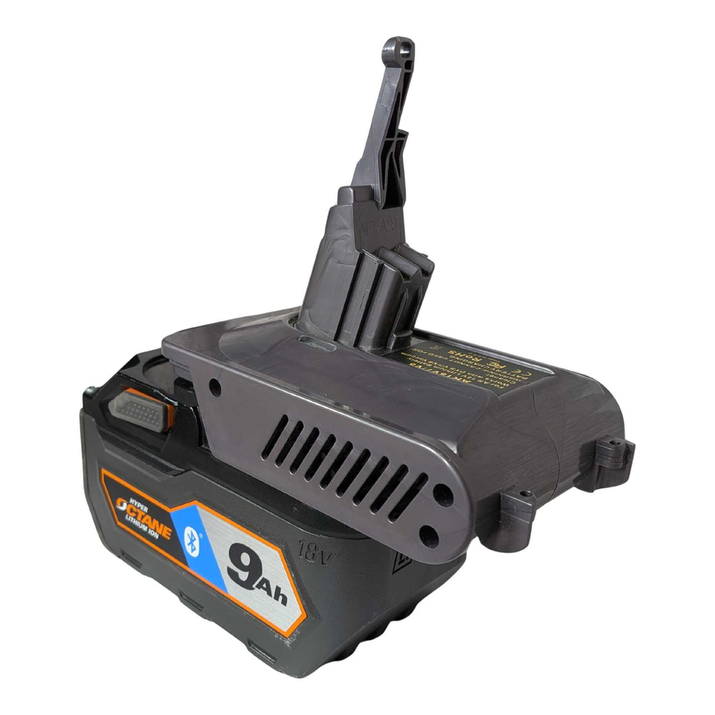 RIDGID 18V to Dyson V8 battery adapter - fitted to the RIDGID 18V battery, Dyson tool-side stem upward, side vent grille