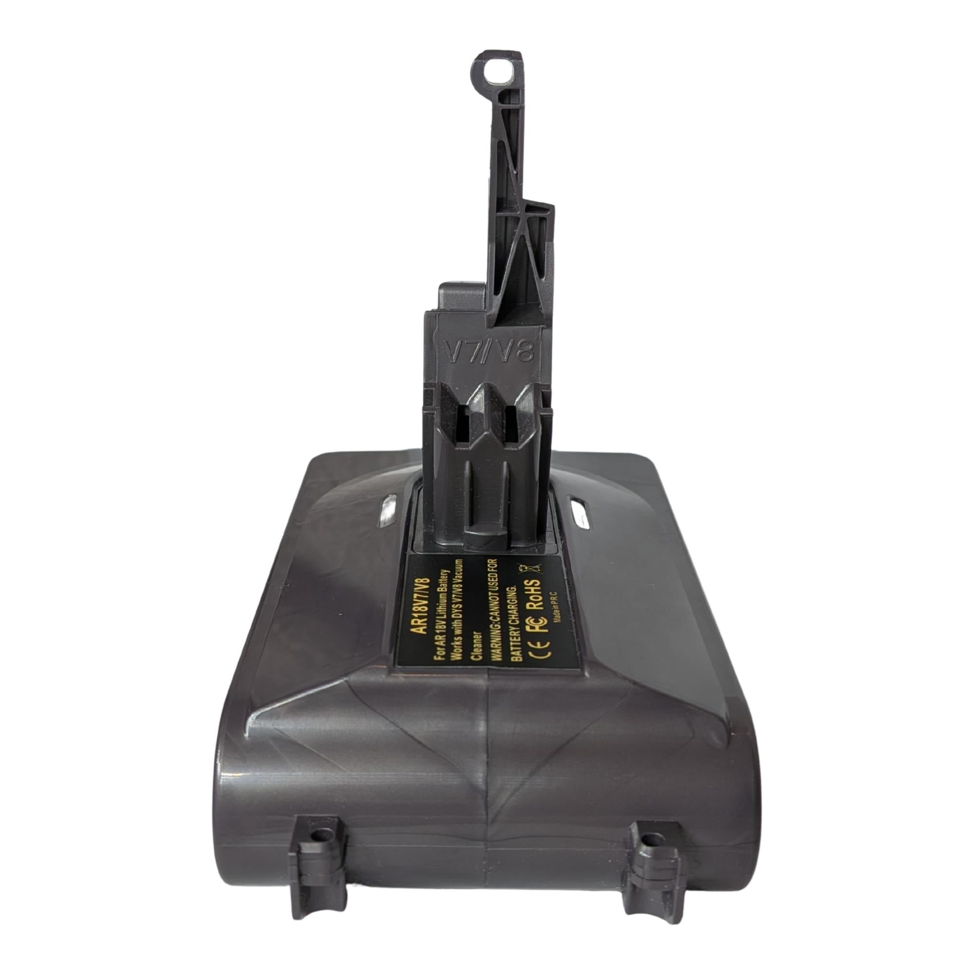 RIDGID 18V to Dyson V8 battery adapter - rear view of the Dyson tool-side stem and release catch, battery-side lugs