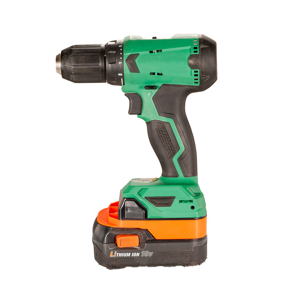 RIDGID 18V to Hikoki 18V battery adapter - installed on a drill with the battery fitted below