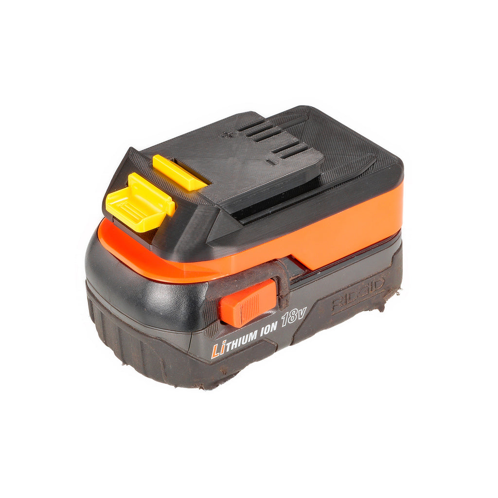 RIDGID 18V to WEN 20V battery adapter - fitted to the battery, WEN tool-side connection facing up, release button at the side