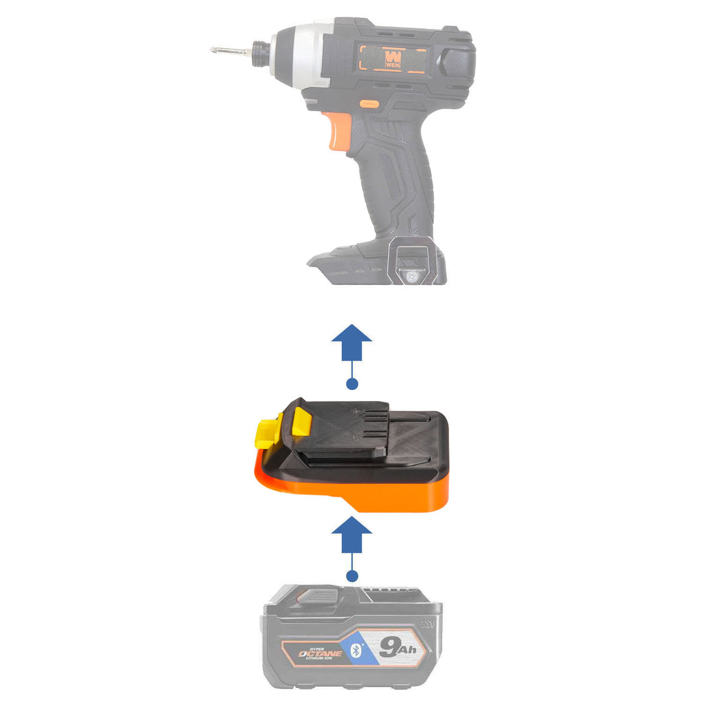 RIDGID 18V to WEN 20V battery adapter - compatibility diagram showing battery, adapter and impact driver
