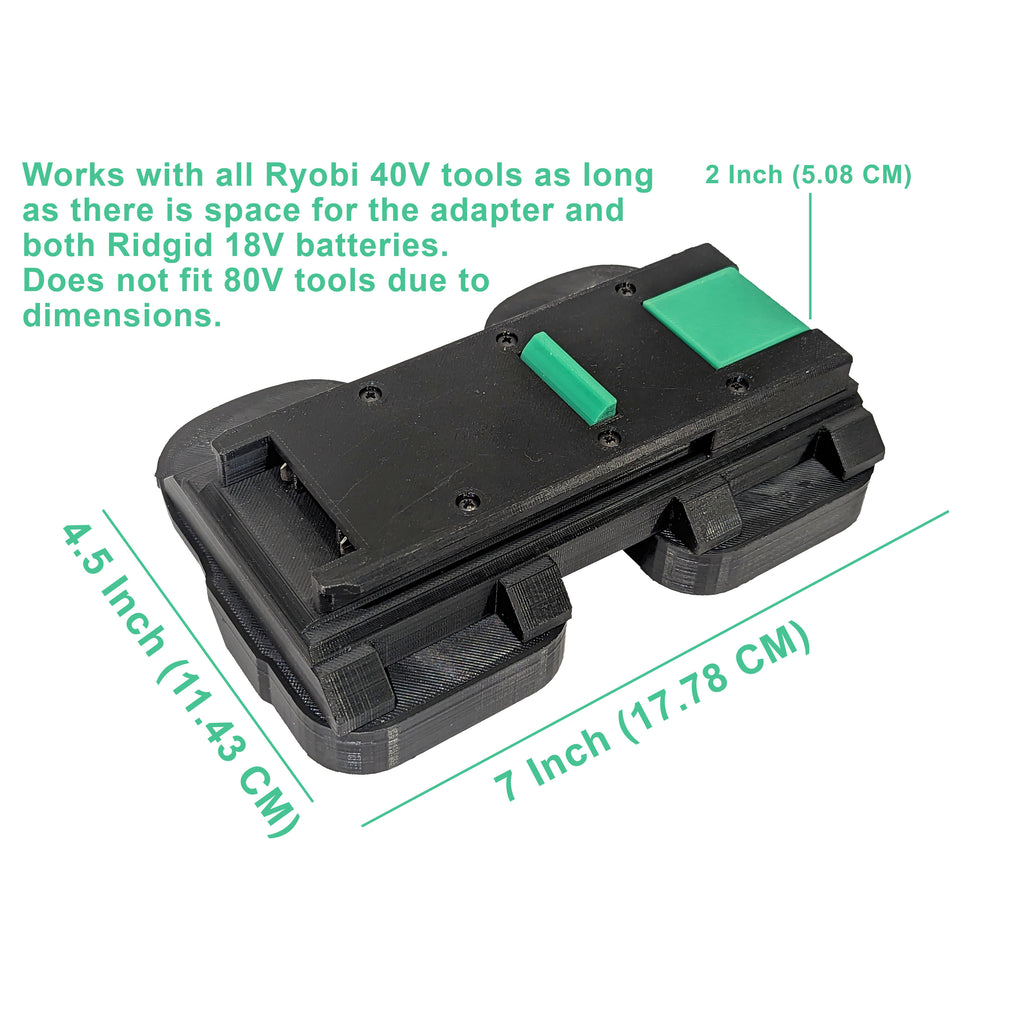 RIDGID 18V to Ryobi 36V/40V battery adapter - measurement callouts in inches and centimetres, Ryobi tool-side plate upward