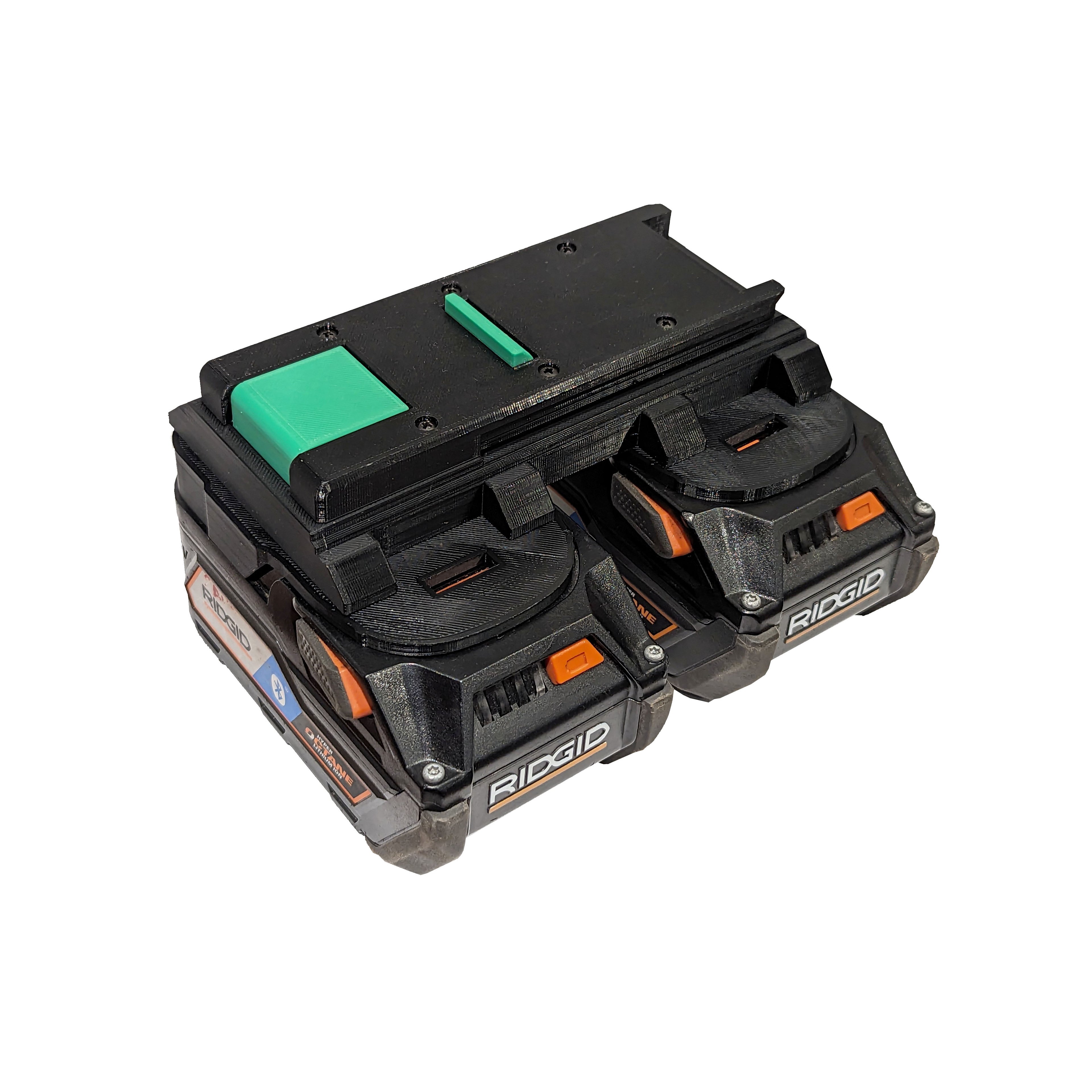 RIDGID 18V to Ryobi 36V/40V battery adapter - fitted to the RIDGID 18V battery, tool-side plate upward, two packs seated