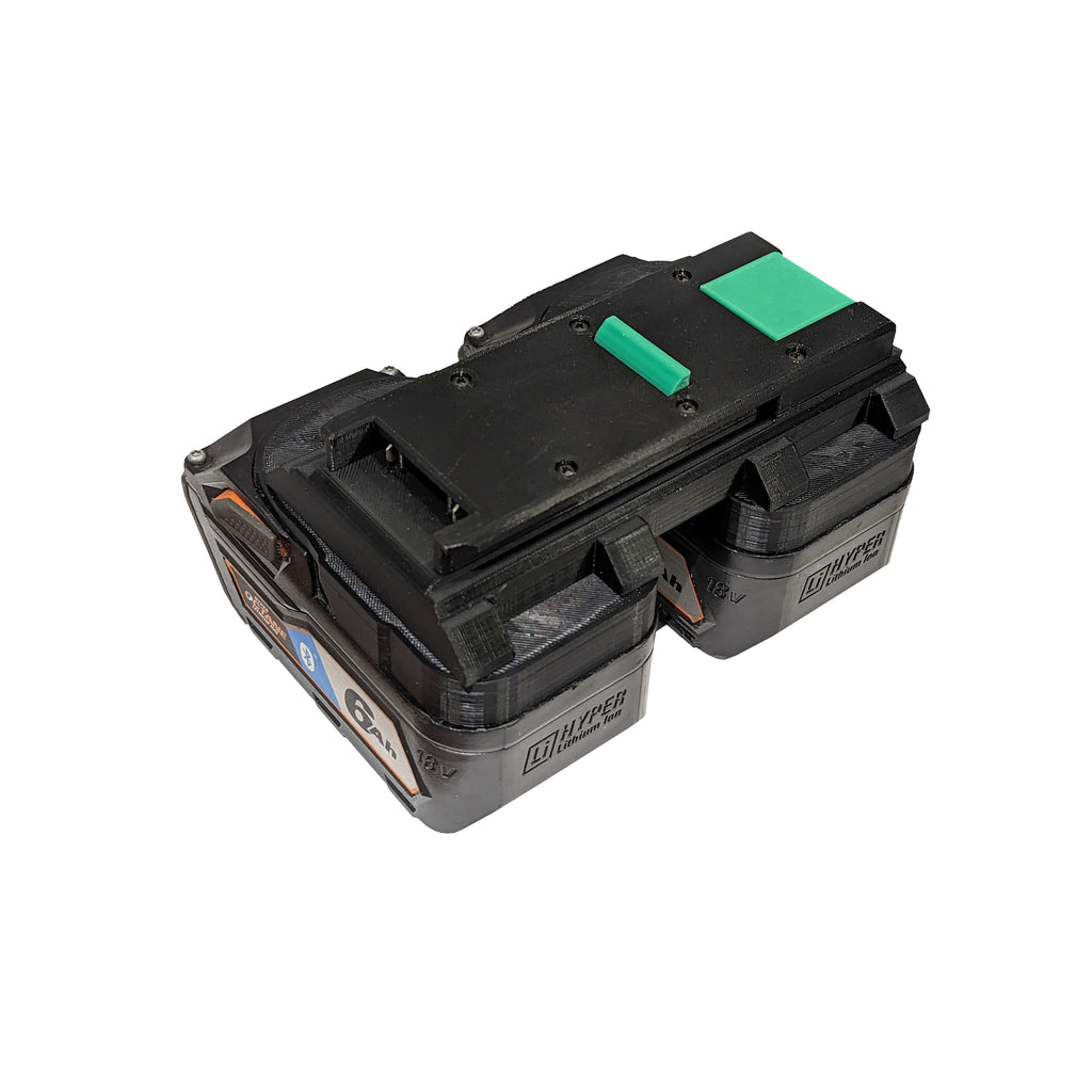 RIDGID 18V to Ryobi 36V/40V battery adapter - fitted to the RIDGID 18V battery, tool-side plate upward, two packs seated