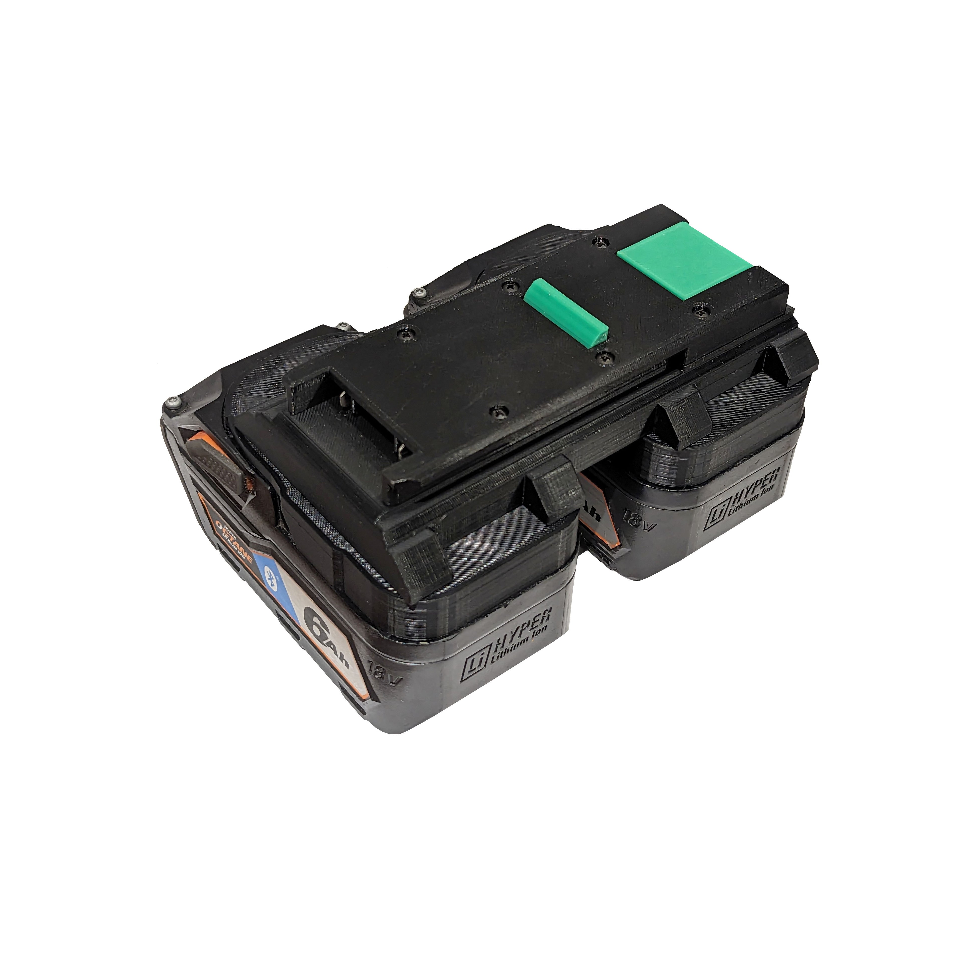 RIDGID 18V to Ryobi 36V/40V battery adapter - fitted to the RIDGID 18V battery, tool-side plate upward, two packs seated