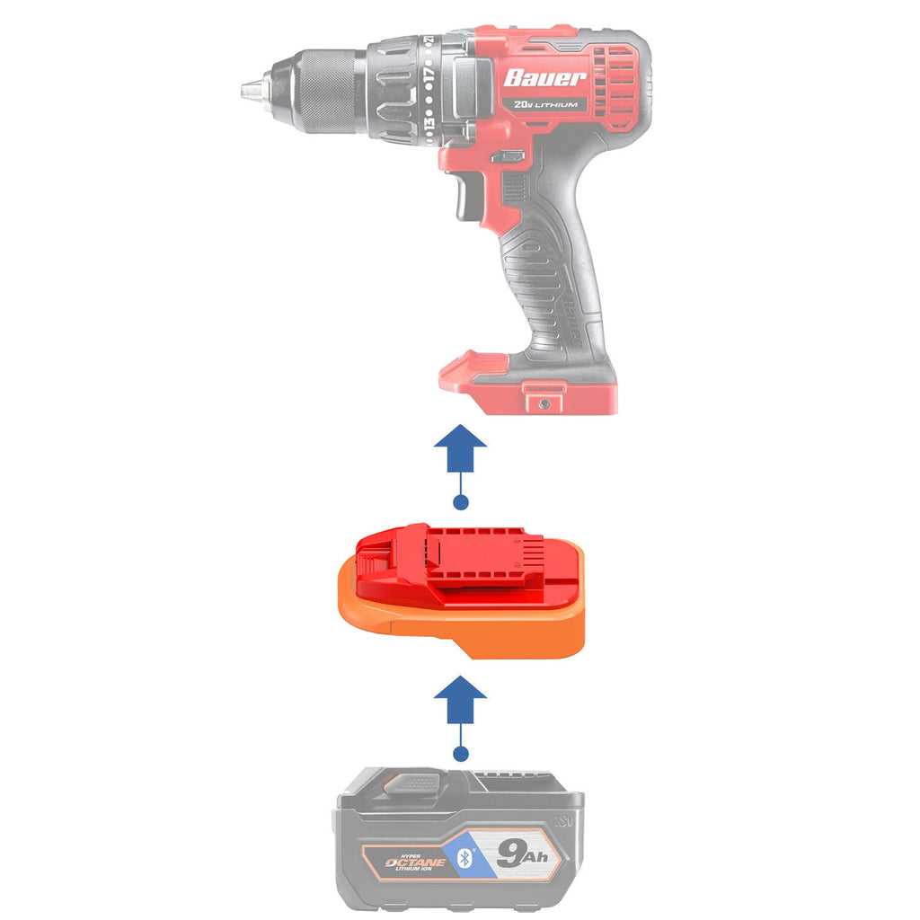 RIDGID 18V to Bauer 20V battery adapter - compatibility diagram showing battery, adapter and drill driver