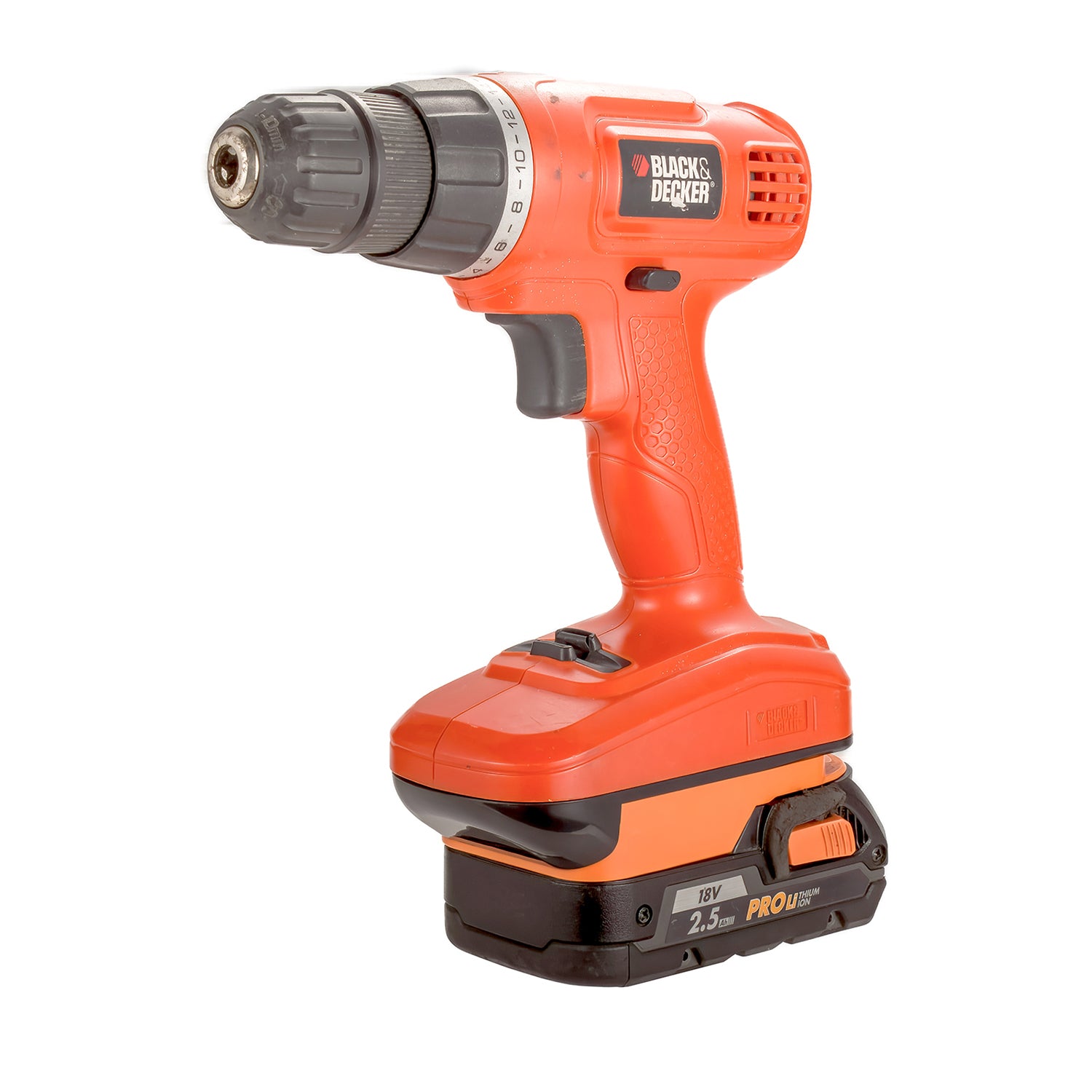 RIDGID 18V to Black and Decker 18V Ni-Cd battery adapter - installed on a cordless drill with the battery fitted below