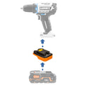 RIDGID 18V to Hart 20V battery adapter - compatibility diagram showing battery, adapter and drill driver