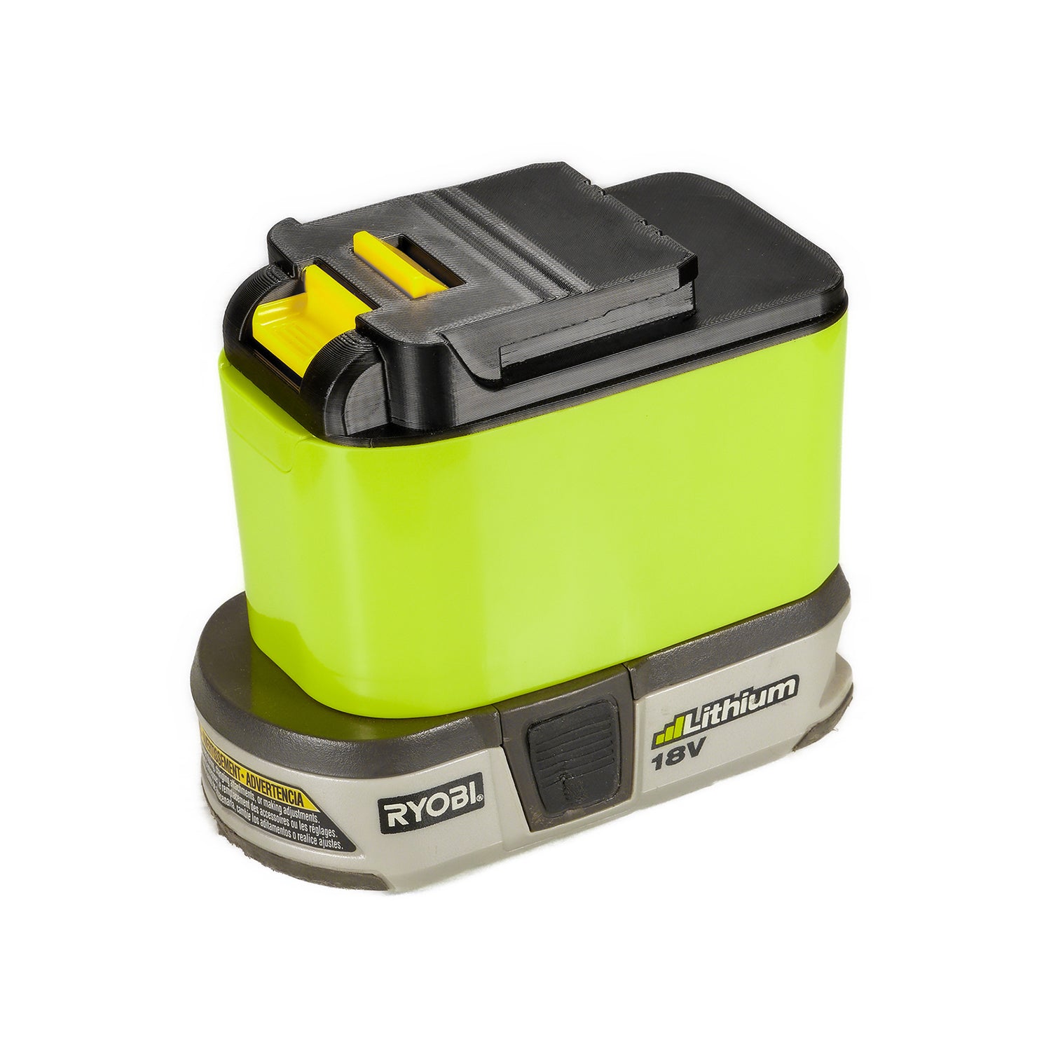 Ryobi 18V ONE+ to Chicago Electric 18V battery adapter - fitted to the Ryobi 18V ONE+ battery, tool-side connection upward