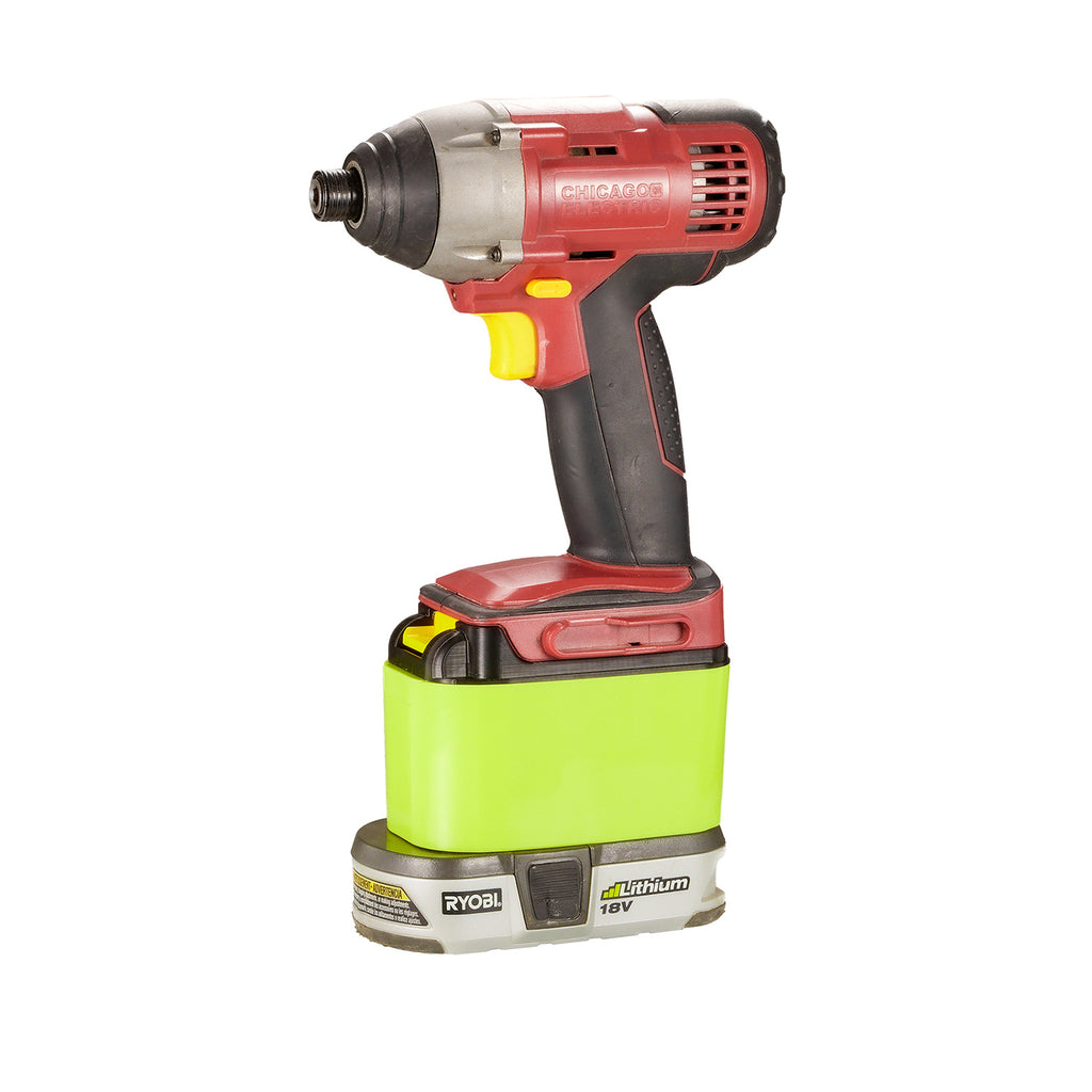 Ryobi 18V ONE+ to Chicago Electric 18V battery adapter - impact driver installed on the adapter, fitted to the battery pack