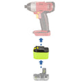 Ryobi 18V ONE+ to Chicago Electric 18V battery adapter - compatibility diagram showing battery, adapter and impact driver