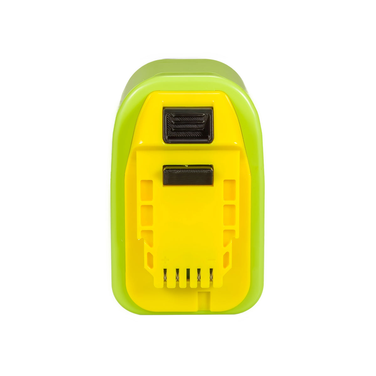 Ryobi 18V ONE+ to Hercules 20V battery adapter - Hercules tool-side connection, two terminal slots and the guide grooves