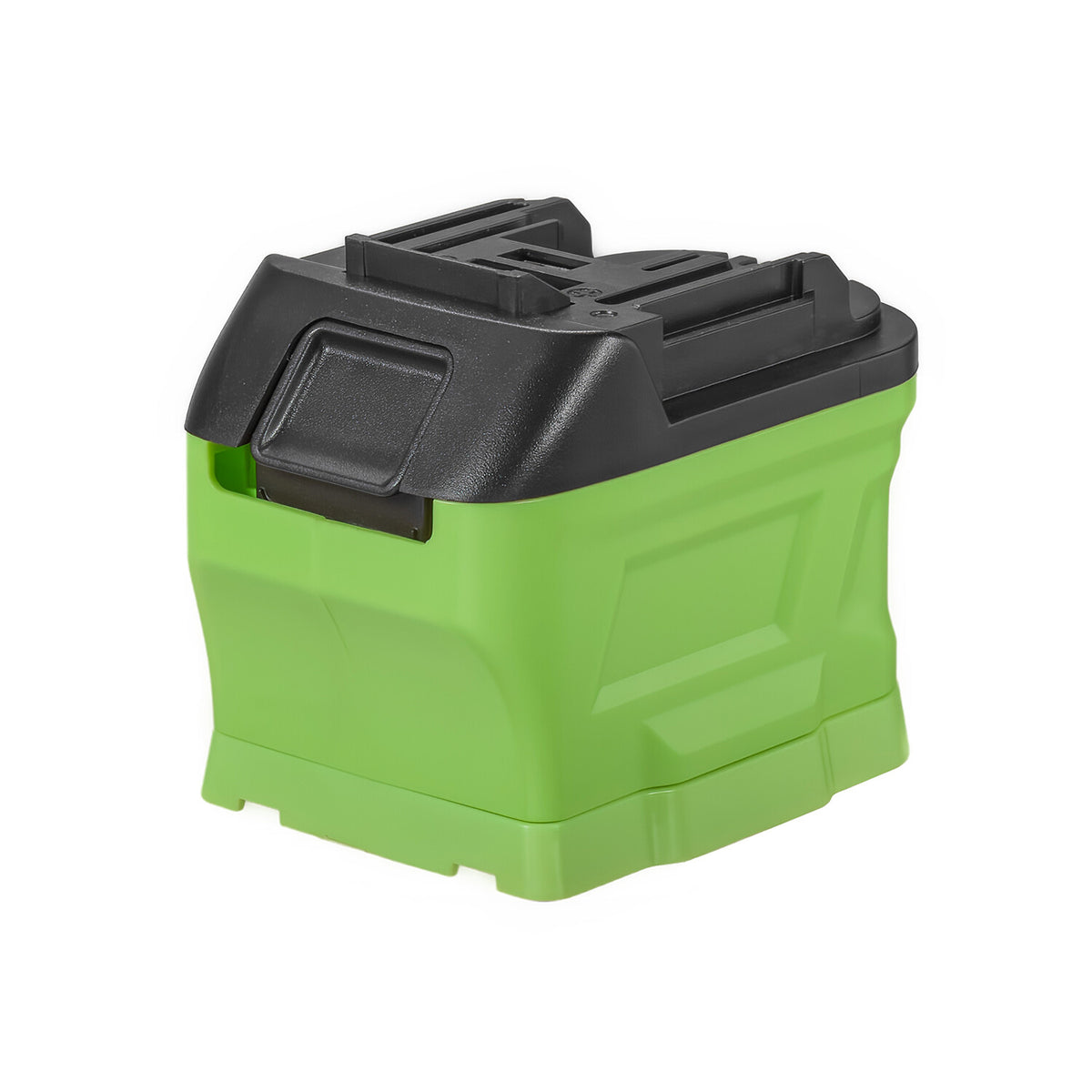 Ryobi 18V ONE+ to Makita 18V LXT battery adapter - three-quarter view, Makita tool-side connection and release button