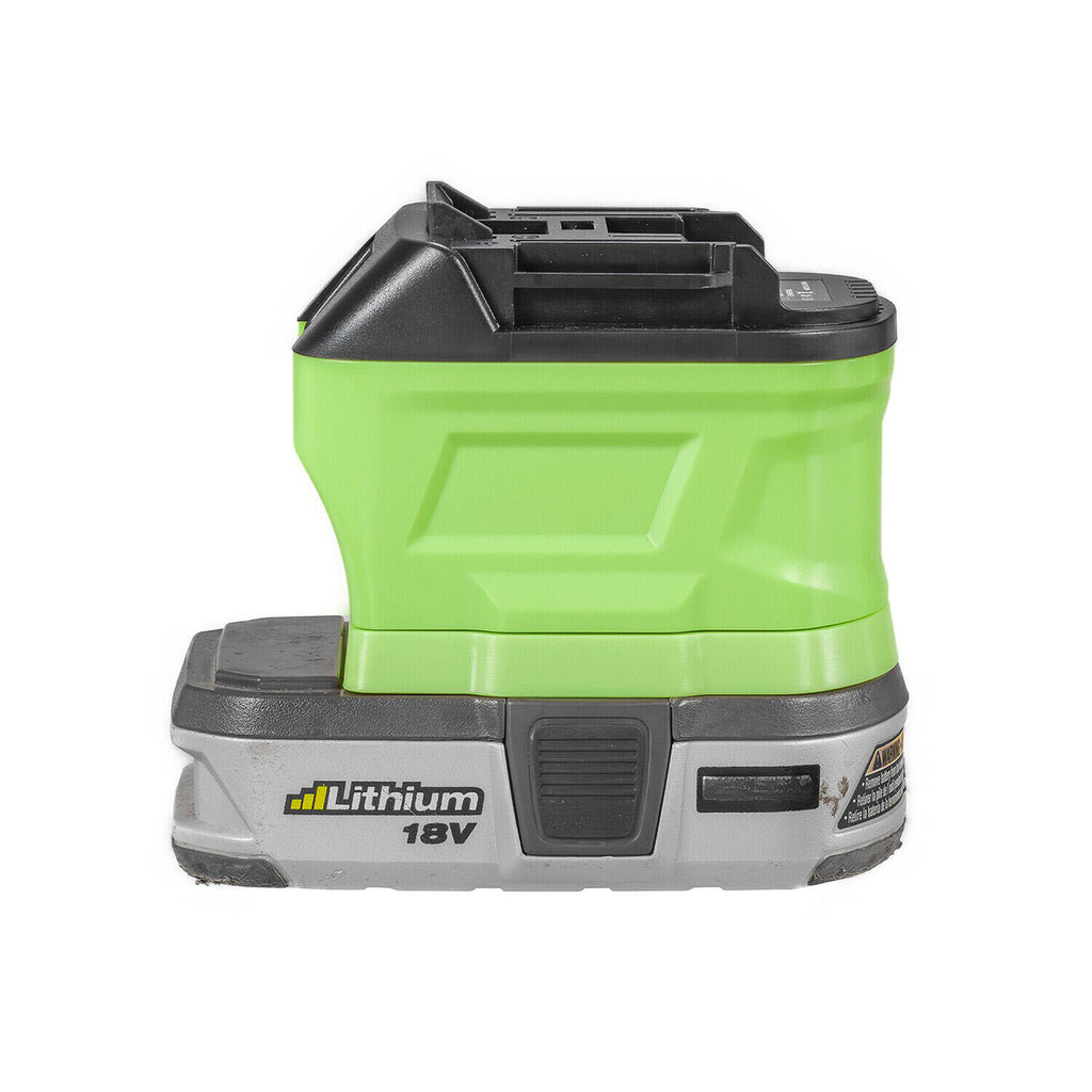 Ryobi 18V ONE+ to Makita 18V LXT battery adapter - side view seated on a battery pack, Makita tool-side connection above