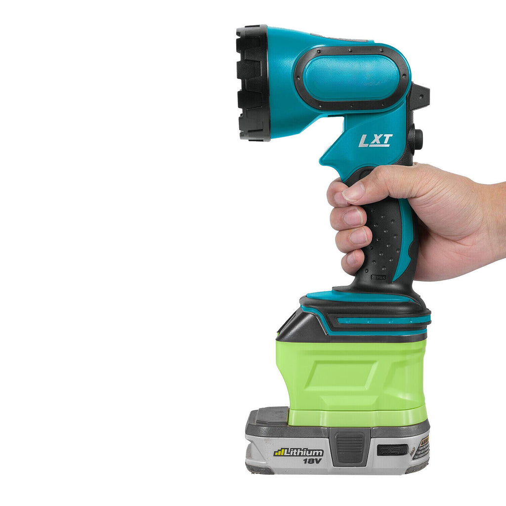 Ryobi 18V ONE+ to Makita 18V LXT battery adapter - installed on a flashlight held in one hand, seated on a battery pack