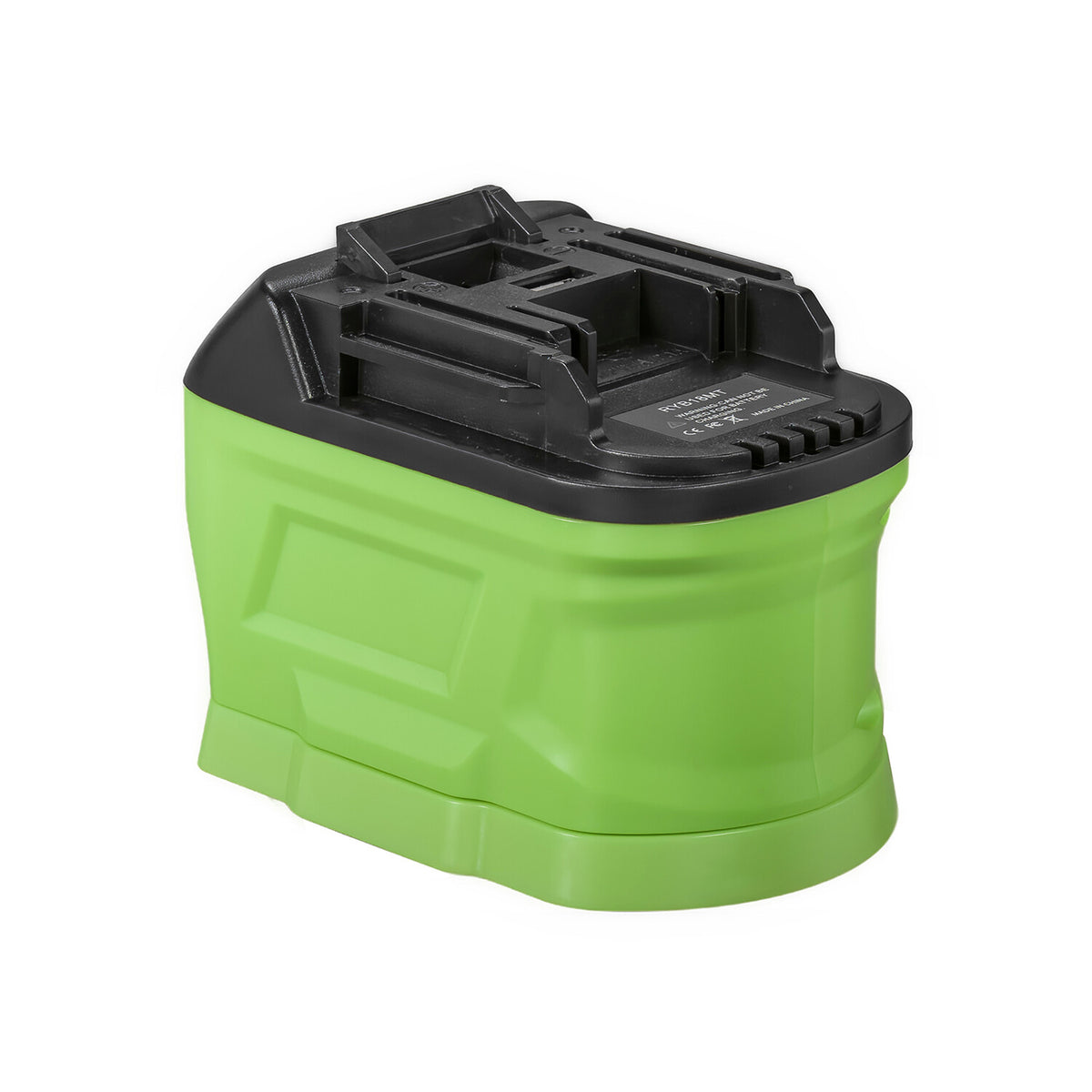 Ryobi 18V ONE+ to Makita 18V LXT battery adapter - three-quarter view, Makita tool-side connection and warning label